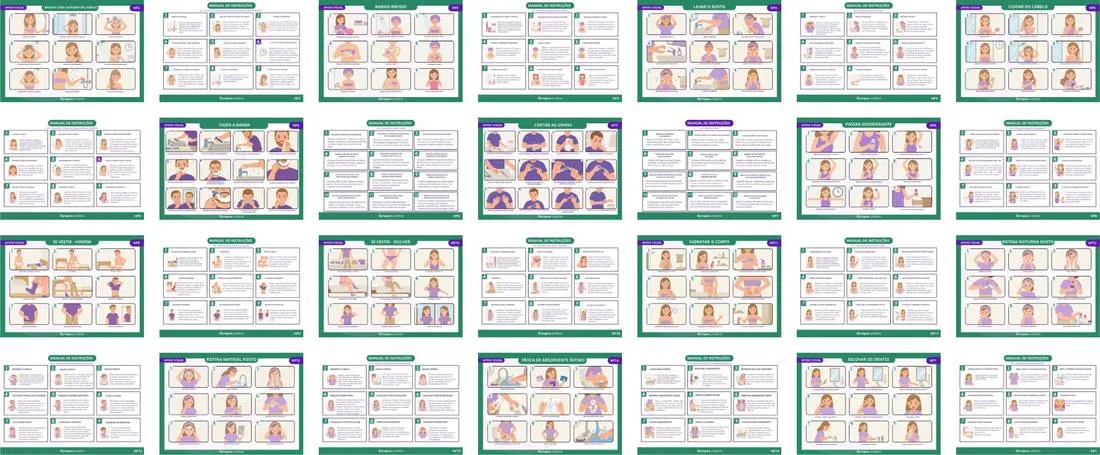 Grade com as 28 peças do Kit Higiene: as 14 pranchas visuais e os 14 manuais de instrução correspondentes, lado a lado.