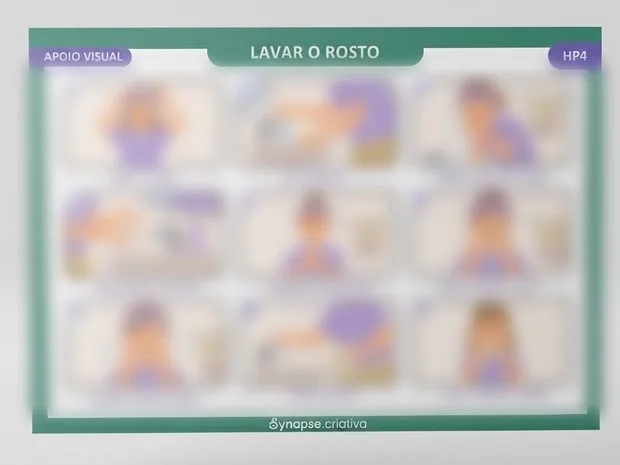 Frente da prancha HP4 "Lavar o Rosto": nove passos ilustrados em grade, com o conteúdo intencionalmente desfocado.